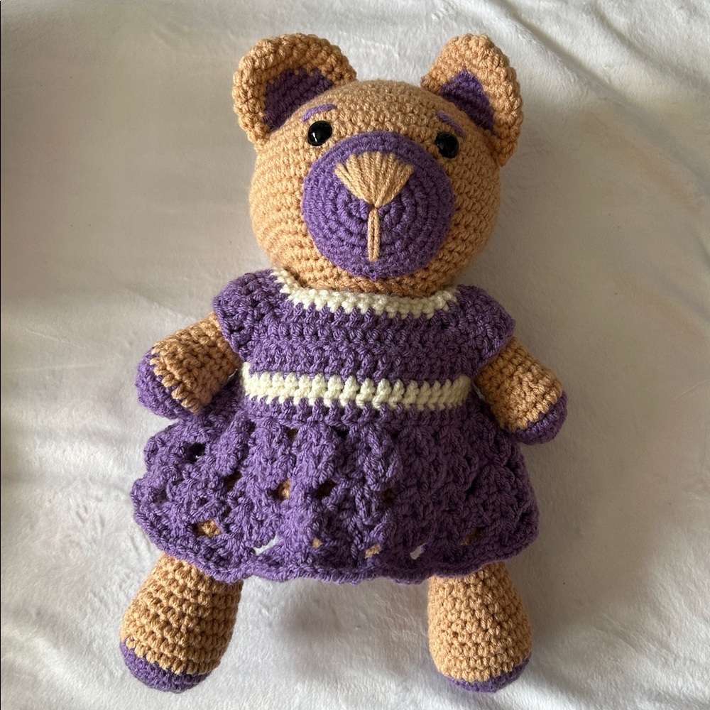 Crochet Teddy Bear with Purple Dress - Handmade - Picture 6 of 6